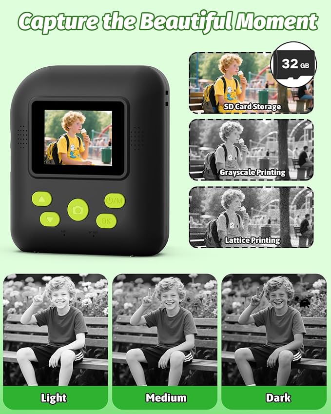 Kids Camera Instant Print Photo, Portable Thermal Printing Camera Toy with HD Digital Video, for 3-12 Years Old Boys Girls, Creativity & Learning (Black)