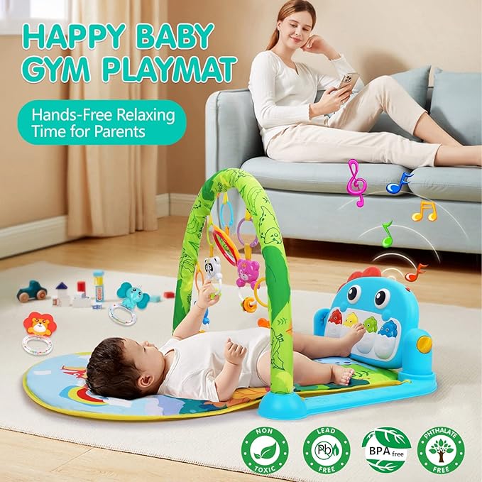 UMIKU Baby Play Mat Baby Tummy Time Mat Musical Activity Center for Infant with High-Contrast Piano Music & Light Newborn Babies Gifts for Boy Girl Babies 0-6 6-12 Months Dinosaur Style