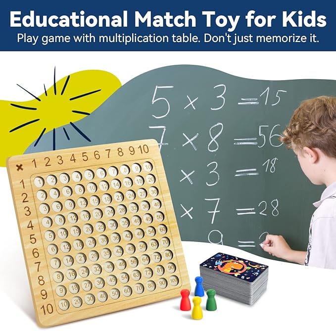BAKAM Wooden Multiplication Board Math Game for Kids 8-12, Math Manipulatives Set with 100PCS Flash Cards for Kids 6-8 Years Old, Montessori Counting Toy Preschool Learning