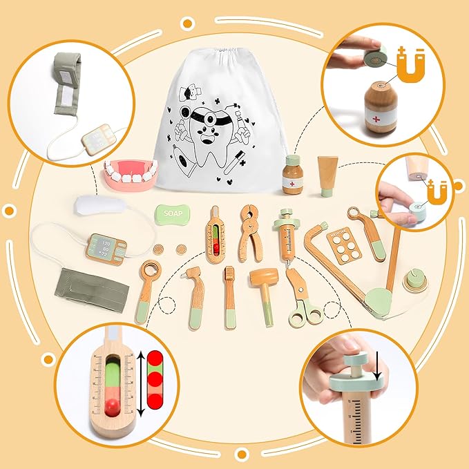 Wooden Doctor Kit for Kids, 19Pcs Pretend Play Dentist Toddlers Doctor Medical Toy Set with Stethoscope Syringe Thermometer Tooth Model and Carry Bag Montessori Role Play Gift for Boys Girls Ages 3+