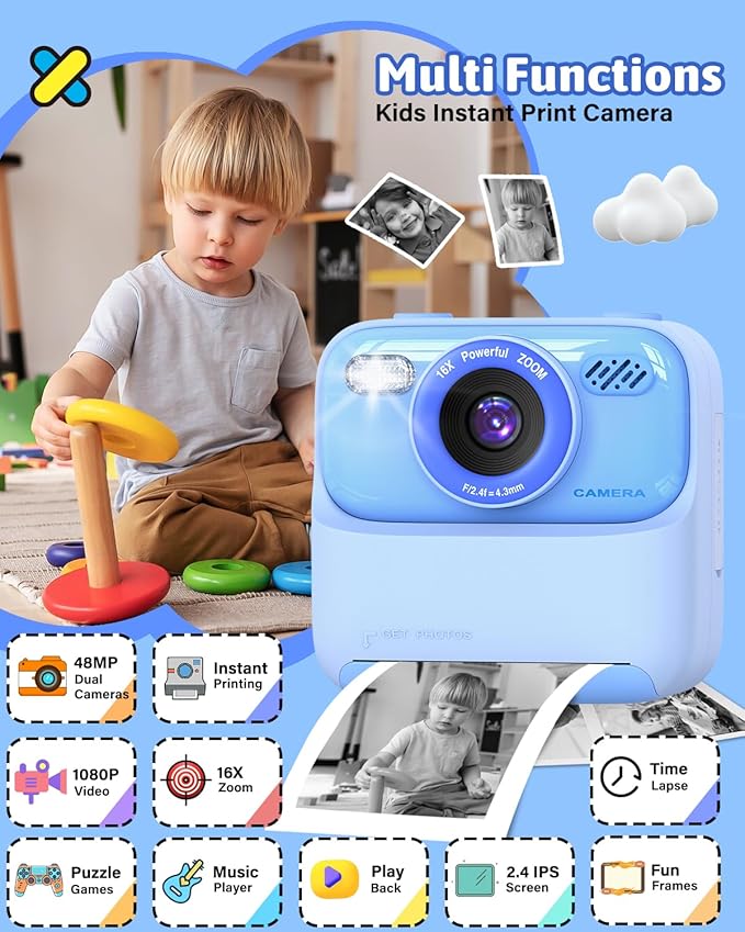 Mgaolo Kids Camera Instant Print Photo,Children Digital Camera Toys Gift with HD Video for Girls Boys 3-12 Age,Chritmas Birthday Festival Present for 3 4 5 6 7 8 9 Year Old Child (Blue)