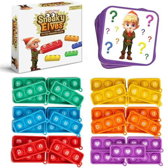 THE FIDGET GAME Sneaky Elves, CVC Sight Words Game, Pop Sensory Toy to Learn and Spell, Educational Kindergarten Classroom Activities, Multisensory Reading and Phonics Flash Cards for Kids 3+ Years