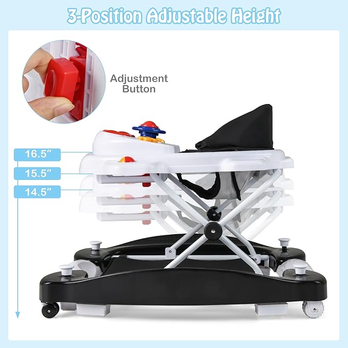 HONEY JOY Baby Walker, 6-in-1 Foldable Baby Walker and Bouncer Combo, Infant Activity Walker with Wheels, Adjustable Heights, Rocker, Music, Lights, Walker for Baby Boy Girl 7-14 Months (Black)