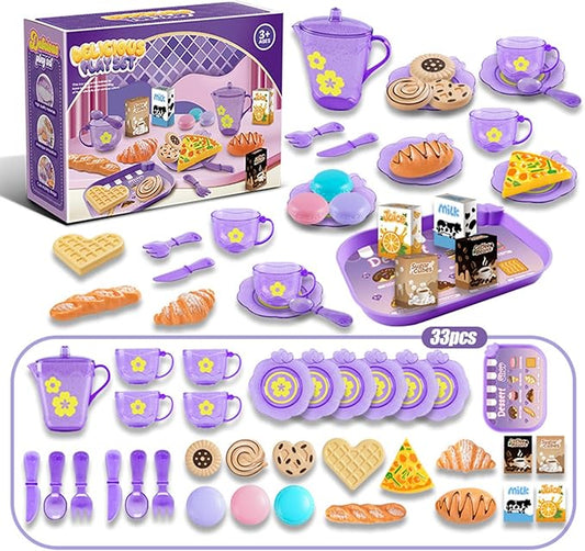 Tea Party Set for Little Girls, Pretend Dessert Food Set for Kids Age 3 4 5 6 7 8 9, Kids Kitchen Pretend Play Dessert Set for Girls Princess Boys (Purple)