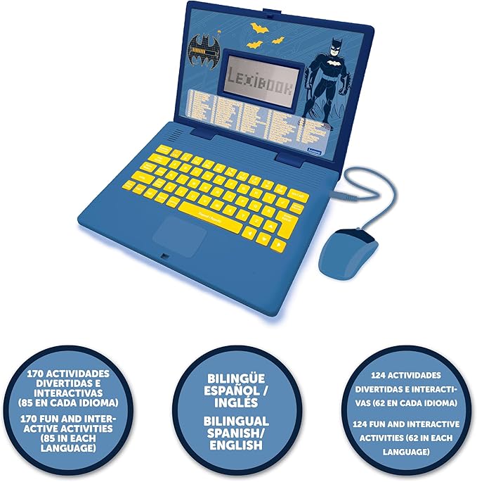 Lexibook, Batman, Bilingual Spanish/English Educational Computer, Toy for Children with 124 Activities, Writing, Maths, Logic, Music Activities and Games, Blue, JC598BATi2