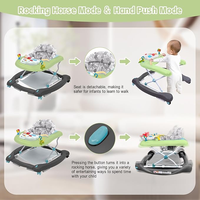 5 in 1 Foldable Baby Walker, Activity Baby Walker-Baby Bouncer, Rocker, Activity Center,Seat and Push Walker,Detachable Trampoline Mat, Adjustable Speed Rear Wheels and Height,Ages 6-18 Months(Green)