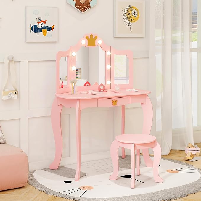 HONEY JOY Kids Vanity with Lights, Crown Girls Vanity Set with Mirror and Stool and Lights, Toddler Vanity, Wooden Makeup Table for Little Girls, Pretend Play Kids Vanity Table and Chair Set(Pink)