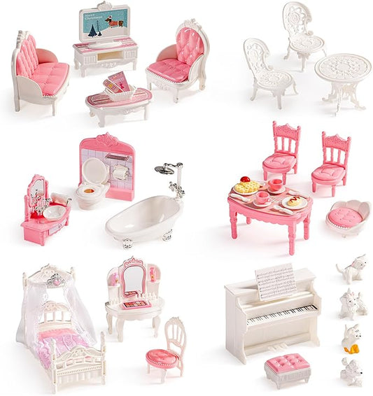 ROBOTIME 26PCS Dollhouse Furniture Set for Kids – Realistic Dollhouse Accessories with 5 Rooms: Living Room, Bedroom, Bathroom, Dining Room & Balcony, for Girls & Boys Ages 3+