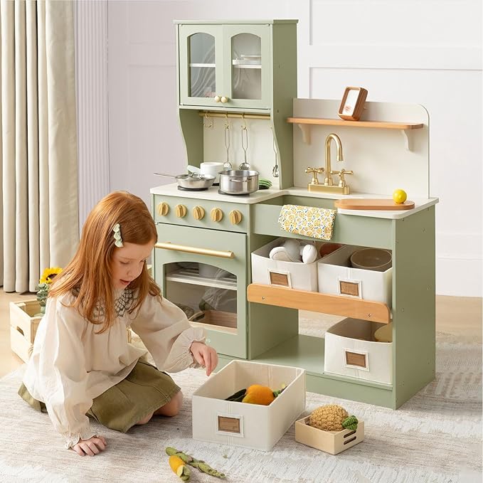 Tiny Land Play Kitchen for Kids with Enhanced Storage – Modern Toddler Kitchen Playset with Stove, Sink & Accessories, Organized Wooden Toy Kitchen, Ideal for Toddlers