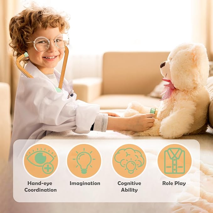 Wooden Doctor Kit for Kids, 19Pcs Pretend Play Dentist Toddlers Doctor Medical Toy Set with Stethoscope Syringe Thermometer Tooth Model and Carry Bag Montessori Role Play Gift for Boys Girls Ages 3+