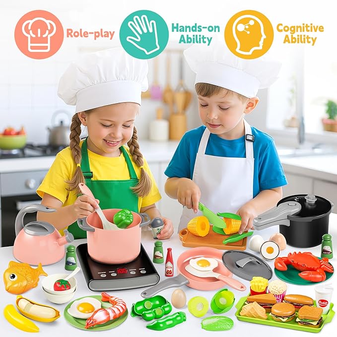 Toy Play Food, Play Kitchen Accessories, Kitchen Playset, Pretend Cooking Play Pots, Pans, Utensils Cookware, Cutting Fun Fruits Veggies, Shopping Storage Basket, Prop Money, Gifts for Kids, 168 Pcs