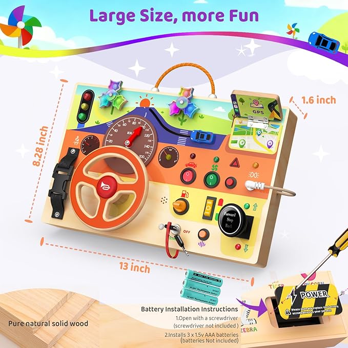 Montessori Wooden Busy Board with Steering Wheel & Driving Toys - Sensory Activity Boards for Toddlers 1-3, Car Themed Fidget Toy with Lights, Switches & Windmill Spinner, Travel Gift for Boys Girls