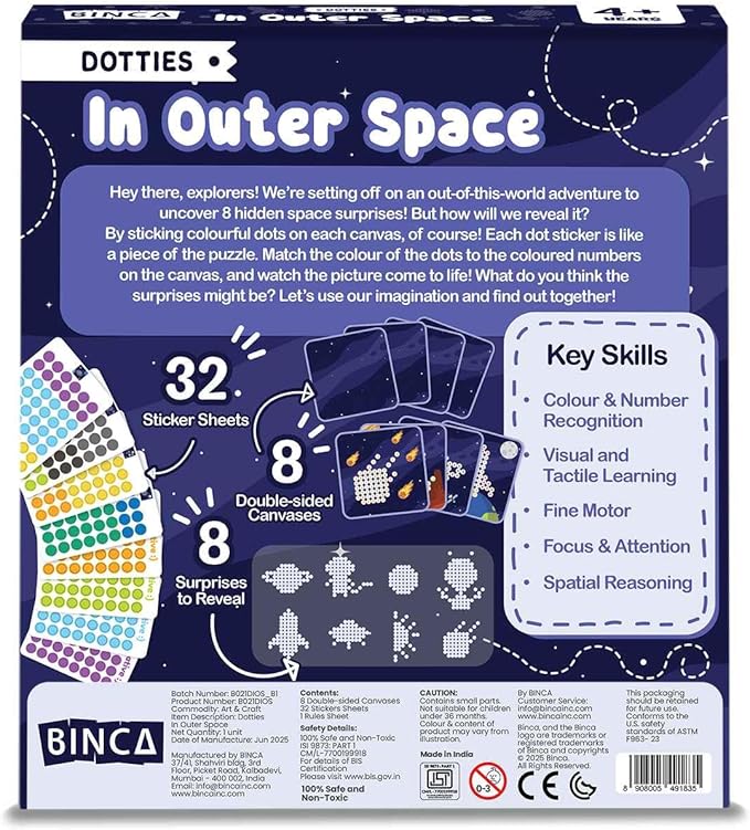 BINCA Dotties Dot Art Activity Kit - Space, 1500+ Stickers, Christmas Stocking Stuffers, Mess-Free Activities, DIY Dot Sticker Art, Kids Travel Activities, Gifts for Boys & Girls Ages 4,5,6,7