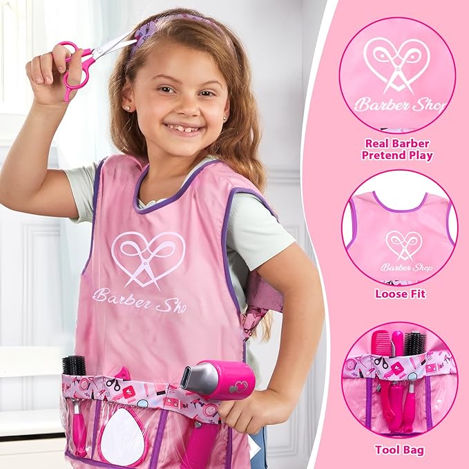 Lorfancy 49 Pcs Hair Salon Girls Toys Kids Pretend Play Makeup Sets Toddler Dress Up Beauty Hair Stylist Kit with Hairdryer Apron Curling Flat Iron Mirror Scissors Accessories Girl Birthday Gifts