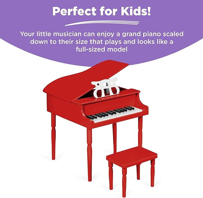 Best Choice Products Kids Classic Wooden 30-Key Mini Grand Piano Musical Instrument Toy w/ Piano Lid, Bench, Foldable Music Rack, Song Book, Note Stickers, Enamel Finish - Red
