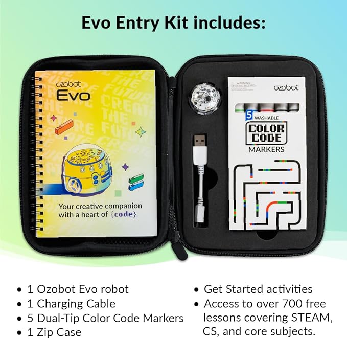 Ozobot Evo Entry Kit, Interactive Coding Robot, Kids Ages 5+, Includes Color Code Markers, Charging Cable, Zip Case, Access to 700+ STEM Lessons, Educators & Parents, No Coding Experience Required