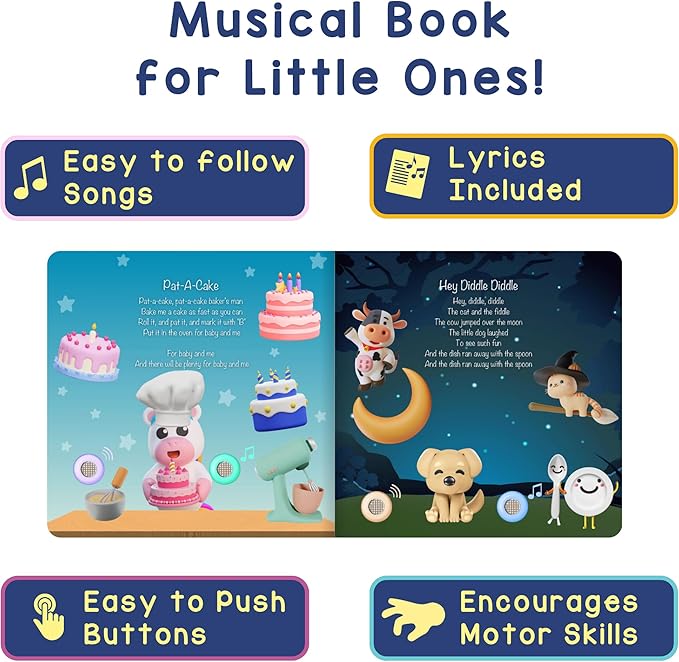 LEARNING BUGS Bedtime Songs – 13 Timeless Lullabies for Little Ones, Musical Books for Toddlers, 28-Button Music Book, Musical Toys for Toddlers 1-3
