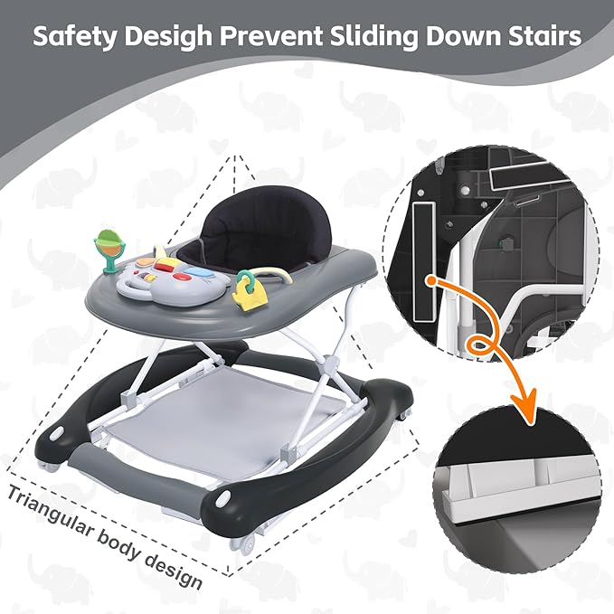 Foldable Baby 5-in-1 Activity Walker - Rocker, Activity Center, Bouncer, Seat Walker, Push Walker - Adjustable Speed Rear Wheels and Height Toys Ages 6-18 Months… (Black)