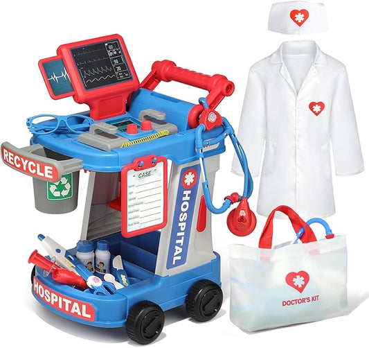 Doctor Kit for Toddlers 3 4 5, Kids Doctor Cart Play Set with Costume, Stethoscope and Medical Bag, Doctor Toy for Girls Boys Christmas Birthday Gift