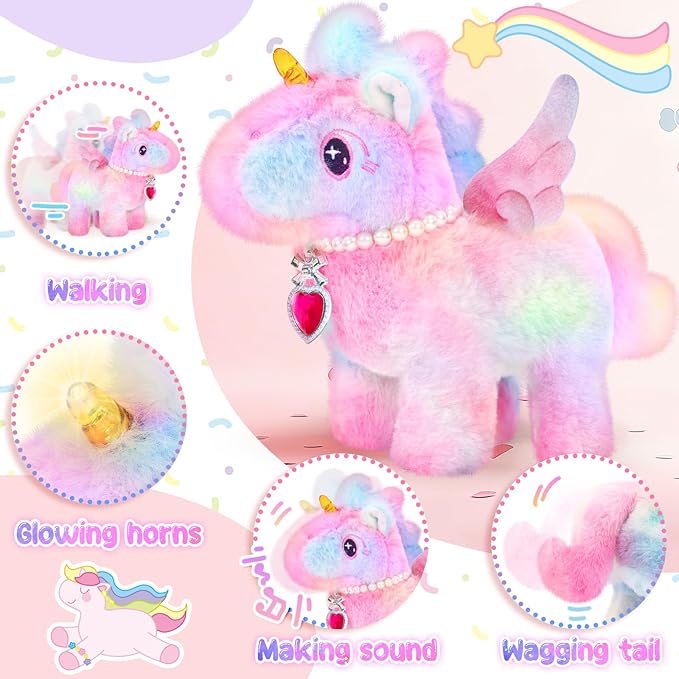 Tagitary Plush Unicorn Toys with Glowing Horns, Walking Pony Realistic Interactive Stuffed Unicorn with Kids Dress Up & Pretend Jewelry Toys,Christmas Birthday Gift Party Favors for Kids Toddlers