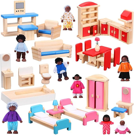 Sumind 35 Pcs Wooden Dollhouse Furniture Set with 8 Family Toys Family Set 27 Pcs Furniture Dollhouse Accessories for Boys Girls, Thanksgiving Christmas Birthday Gift(African-American Dolls)
