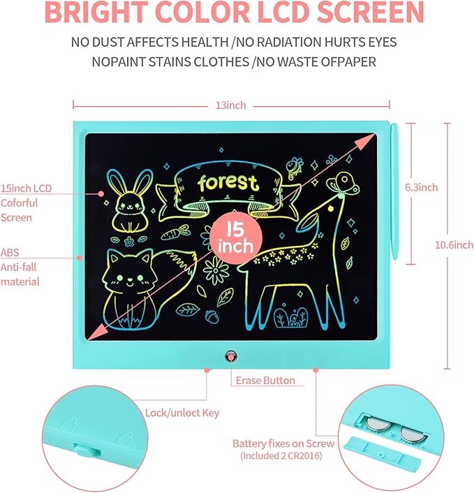 LCD Writing Tablet for Kids, 15 Inch Colorful Electronic Doodle Board for Kids Age 3+ Toys Christmas Birthday Erasable Drawing Tablet Toddler Learning Toys
