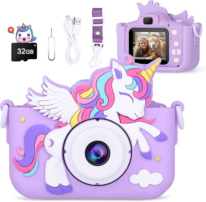 Kids Camera Unicorn Toys for Girls, Digital Camera for Kids Age 3-8 Toddler Travel Toys, Birthday Gift for Girls 3 4 5 6 7 8 Year Old Christmas, HD 1080P Video Camera, 32G SD Card Included (Purple)