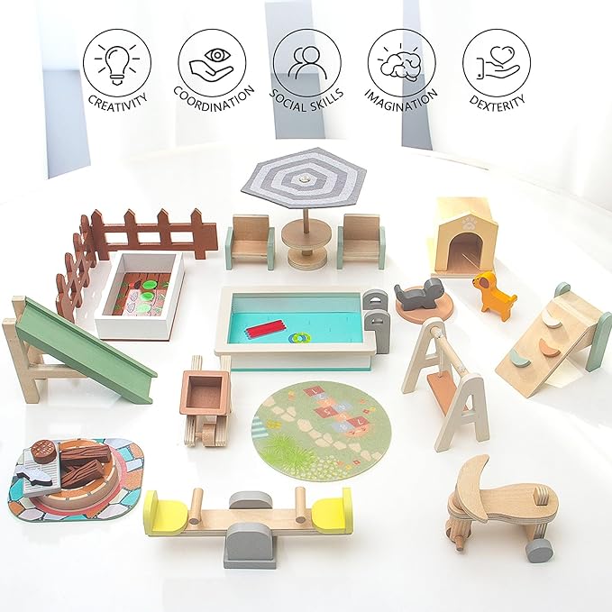 Wooden Doll House Furniture and Accessories Outdoor Play Set for Kids- Includes Slide, Swing, BBQ Grill, Pool & Garden - Perfect Doll House Decor Gift for Children 3-6 Years Birthday Christmas