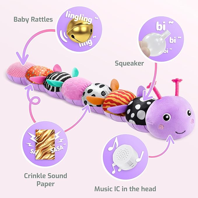 Sumobaby Infant Baby Musical Stuffed Animal Toys for 0-3-6-12 Months,Multi Sensory Toys with Crinkle and Rattles, Tummy Time Toys for Newborn Boys Girls, Caterpillar, Purple