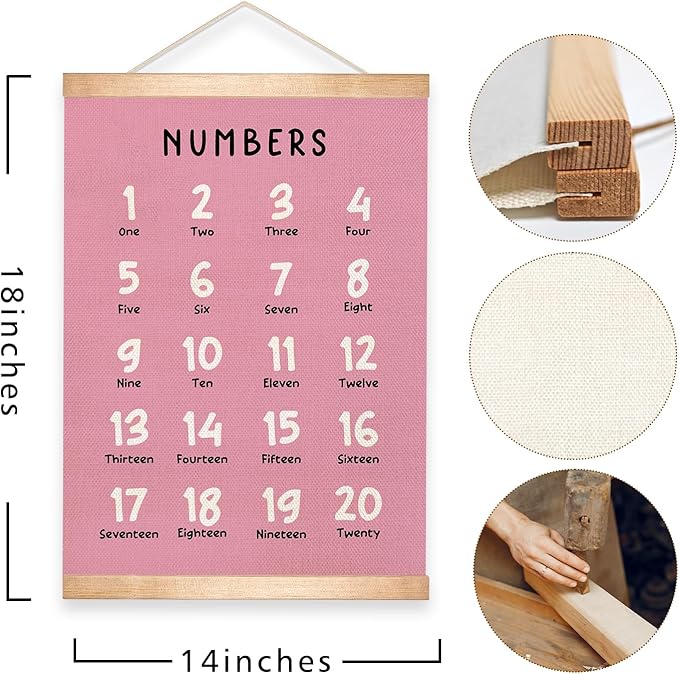 HEYJEEPER Kids Alphabet and Numbers Learning Posters Set of 2,18.5x14 Inch Linen&Canvas Educational Wall Art with Wood Hanger, ABC 1-20 Chart for Toddlers Classroom Nursery Playroom Decor(Pink)
