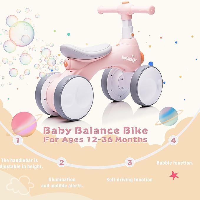 Baby Balance Bike 1 Year Old with Music, Lights, Bubble Machine, 4 Wheels Pedal-Less Toddler Ride on Toys for 12-36 Months Birthday Gift, Toddler boy Toys Ride on car (Pink&Yellow)