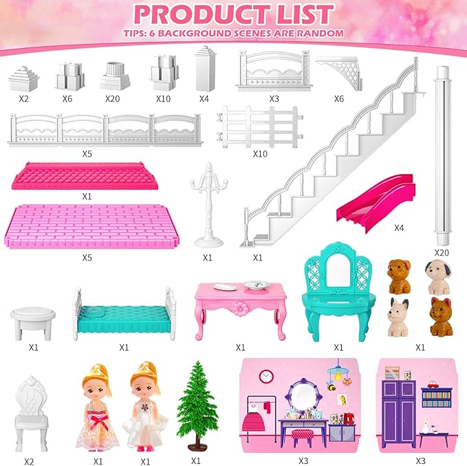 Dollhouses, Dreamhome Furniture Pink Girl Toys, 2 Stories 3 Rooms Dollshouse with 2 Princesses Slide Accessories, Toddler Playhouse Gift for for 3 4 5 6 7 8 9 10 Year Old Girls Toys