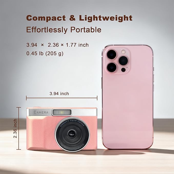 Pink Digital Camera with 2" Flip Screen for Selfie, 1080P Point and Shoot Digital Camera with 32GB Card, 8X Zoom, Portable Vlogging Camera for Kids, Teens & Beginners