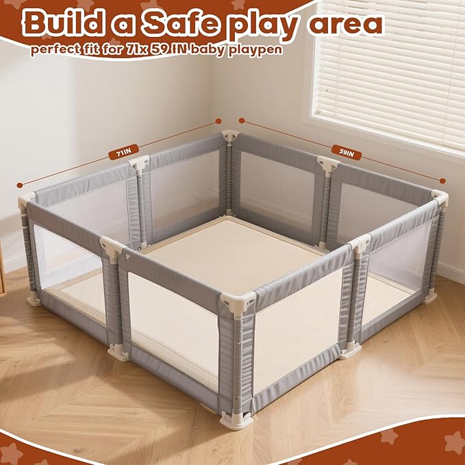 Baby Play Mat for Floor, 71'' x 59'' Thicken Foam Soft Padded Playmat for Tummy Time, Playpen Mat for Toddlers Infant Kids, Water-Repellent Coral Velvet, Non-Slip Bottom Safe for Crawling (Brown)