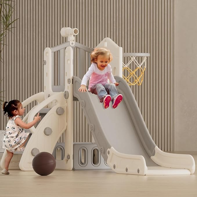 XJD 5 in 1 Toddler Slide, Kids Slide for Toddlers Age 1-3, Outdoor Indoor Playset for Toddlers with Basketball Hoop and Ball, Storage Space Christmas Birthday Gifts for Toddler (Gley)