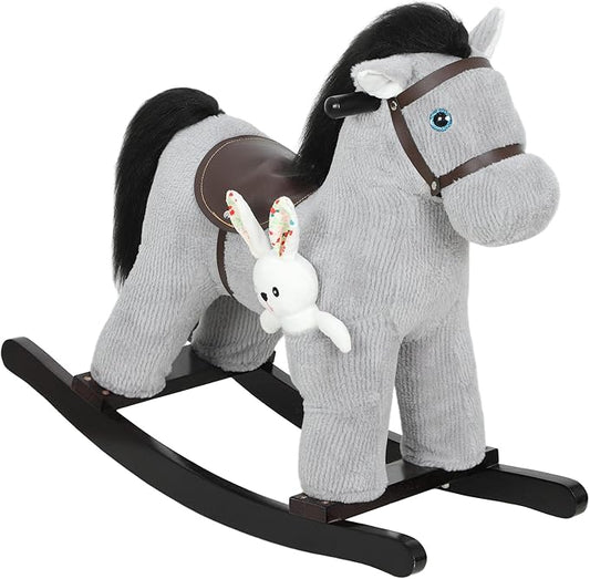 Qaba Rocking Horse, Kids Plush Animal Rocker with Realistic Neighing Sound for Toddlers 2–5 Years Old, Soft Filling Ride on Horse with Rabbit Toy, Gray