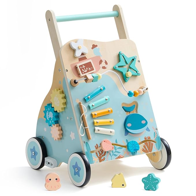 ROBUD Wooden Baby Walker, Montessori Walker Toy, Baby Push Walker with Brake, Activity Center, Adjustable Height Handle, Push Toys for Boys and Girls Learning to Stand and Walk, Ages 10m+