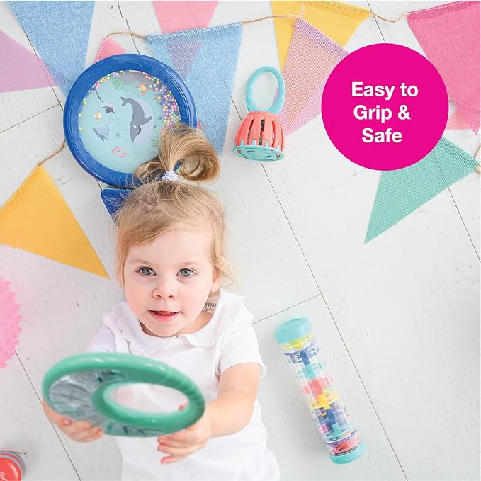 Edushape Classic Tambourine for Kids, Green - Percussion Musical Instrument Baby Tambourine for Toddlers 1-3, Kids Tambourine Fun Tummy Time, Fine Motor, Auditory and Visual Sensory Development