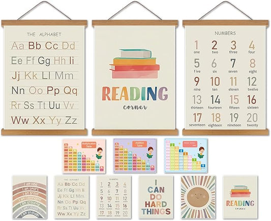 Educational Classroom letters for Kids Wall Art Set of 12 – 3 Hanging Posters 16x12in+9 Prints 8x10in, Numbers Alphabet Canvas Wall Decor Preschool Kindergarten Nursery Homeschool Learning Home Decor