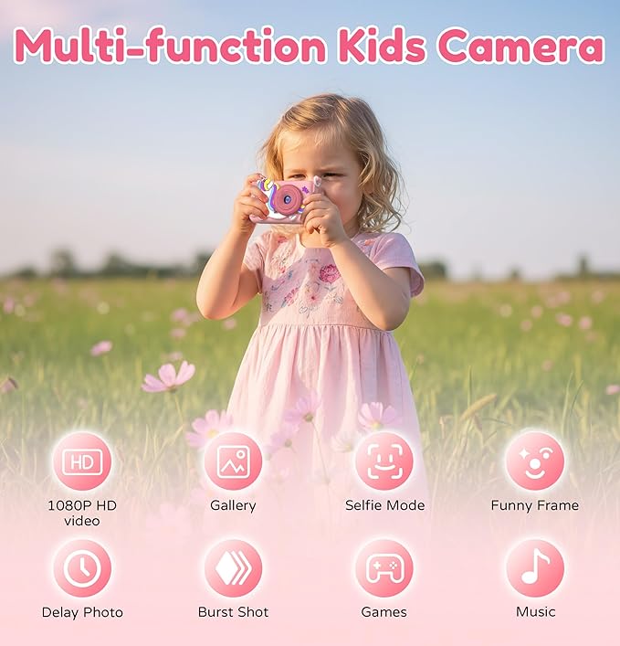 Kids Camera with Tripod & 32GB Card, 1080P HD Toddler Camera, PortableToy for Girls Boys Age 3-10, Christmas Birthday Gift, Christmas Stocking Stuffers, Pink