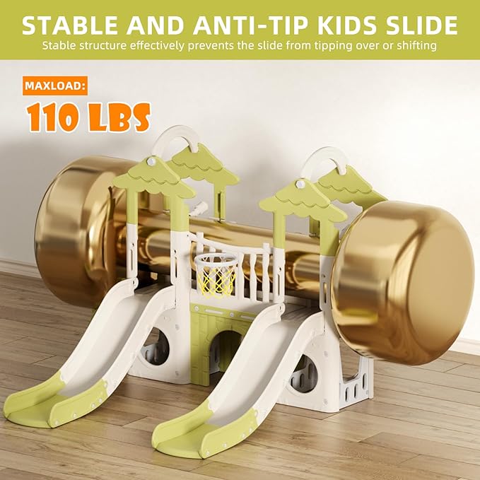 KORIMEFA 10-in-1 Toddler Slide, Kid Double Slide for Toddlers Age 1-3, Basketball Hoop, and Telescope, Indoor Outdoor Slide Toddler Playset Toddler Playground, Forest Themed Green, FE-ST-SWW0464