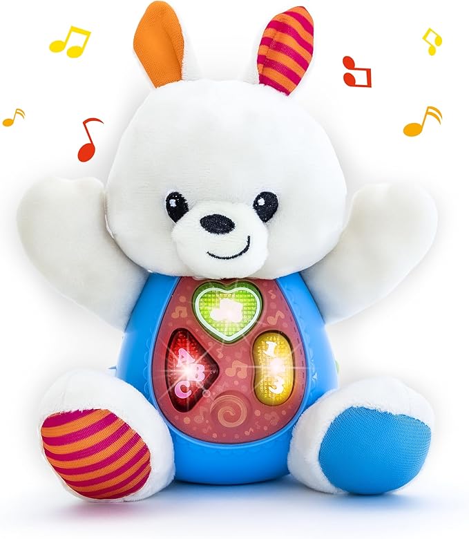 KiddoLab Bunny Plush Toy - Musical Stuffed Animal with 3 Light-Up Buttons, 8 Fun Nursery Rhymes & Sound Effects - Soft Basket Stuffer for Infants, Babies, and Toddlers Aged 3 Months +