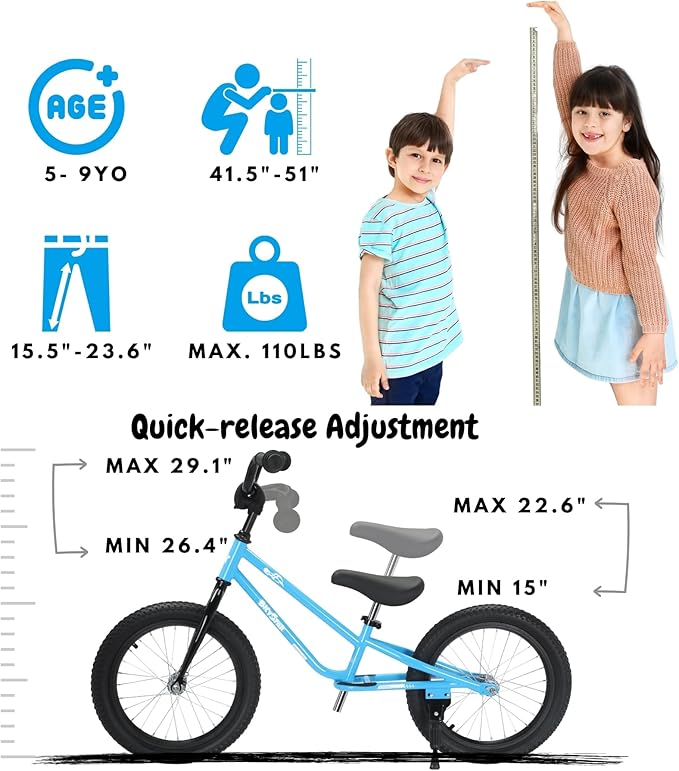 16 Inch Kids Balance Bike for 5-8 Year Old, BMX Bike with No Pedals, Air Rubber Tires, Footrests, Adjustable Height for Big Boys, Girls (White)