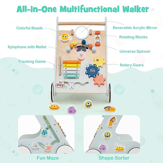 HONEY JOY Baby Push Walker, Wooden Infant Walker Activity Center with Shape Sorter, Develop Motor Skills & Creativity, Push Toys for Babies Learning to Walk, Gift for Boys and Girls, Light Blue