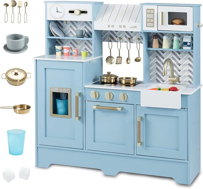 Costzon Kids Kitchen Playset, Toddler Pretend Cooking Playset w/Stoves, Faucet, Sink, Coffee Machine, Range Hood, Microwave Oven & Ice Dispenser, Wooden Chef Play Kitchen for Kids Aged 3+ (Blue)