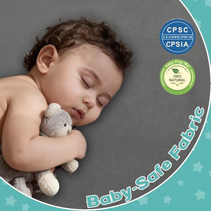 Baby Play Mat for Floor, 71'' x 59'' Thicken Foam Soft Padded Playmat for Tummy Time, Playpen Mat for Toddlers, Water-Repellent Coral Velvet, Non-slip Bottom Safe for Crawling (Light Grey)