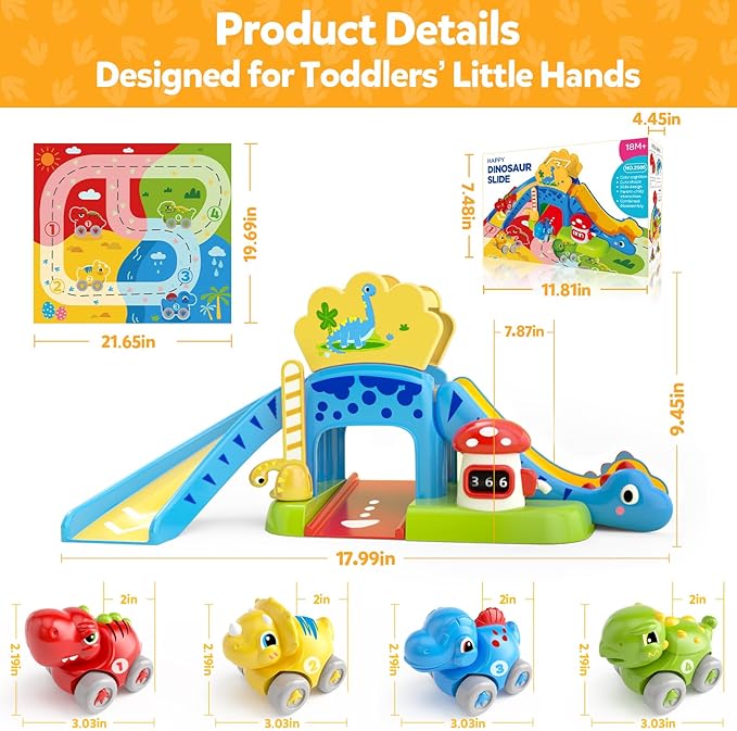 Toddler Toys for 1 2 Year Old Boy Gifts - Educational Dinosaur Slide Set with 4 Color/Number Push Cars and Playmat, Montessori Learning Toy for Baby 12-18 Months,1st Birthday Present Ages 1-2,Primrose
