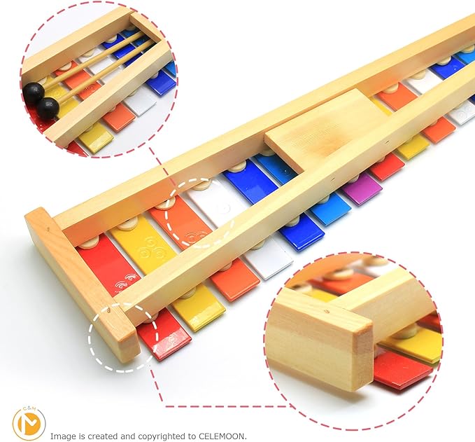 CeleMoon 15 Tone Natural Wooden Xylophone for Adults Kids Toddler with Multi-Colored Metal Bars, Music Instrument Gifts Toys for Preschool Educational Learning
