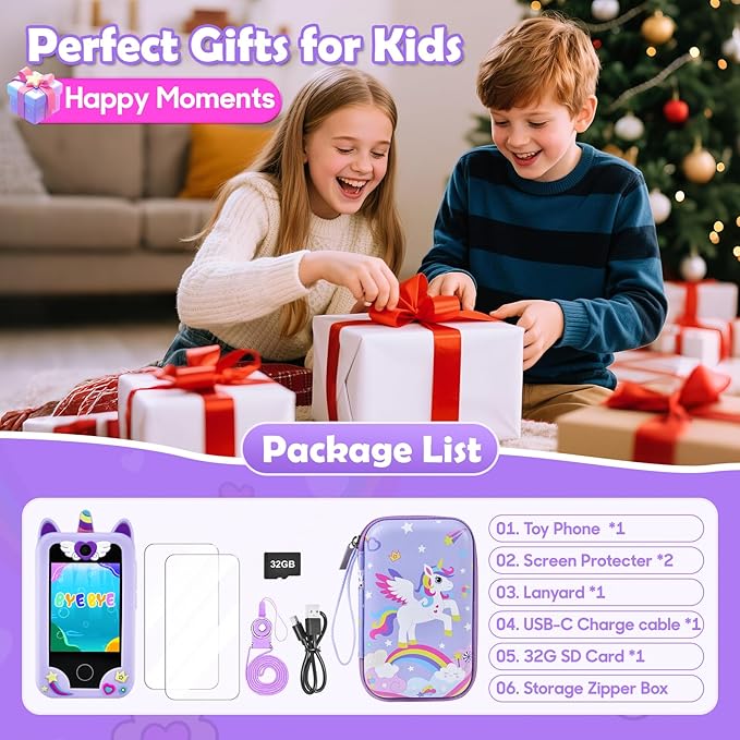 Kids Smart Phone for Girls, Kids Camera Toy Phone for Ages 3 4 5 6 8 Year Old, Christmas Birthday Gifts Toddler Cell Phone with Touchscreen, 44 Games, Music Player, 32GB Card & Bag Purple