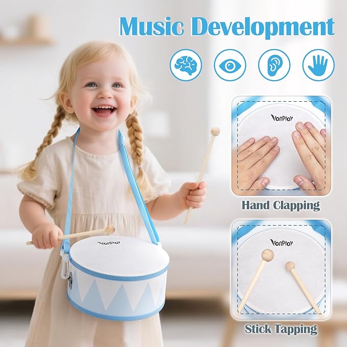 Drum Set for Boys - Toys for 2 3 Year Old Boy Birthday Gifts - Wooden Montessori Musical Instruments for Toddlers 2-4, Preschool Musical Toys with Snare Drum for Kids Age 3-5